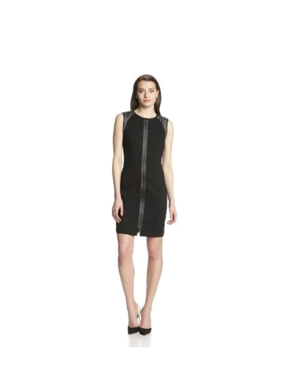 Elie Tahari Black Sleeveless Zip-Front Mini Dress with Leather Shoulders Size 8!